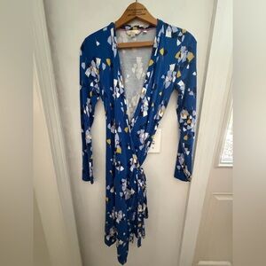 Boden blue and yellow jersey floral wrap dress size 4.